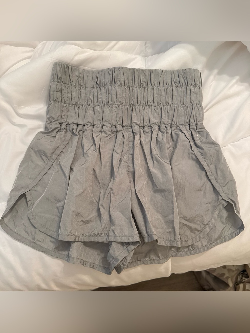 Free People High-Waist Smocked Ruffle Shorts — Light Gray